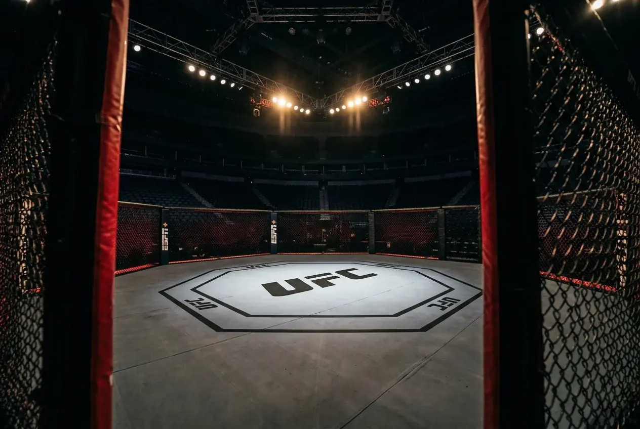 UFC octagon with betting odds overlay and fighter statistics displayed on screens