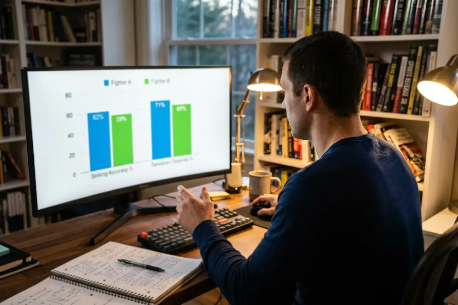 MMA analyst reviewing fighter statistics and matchup data on a laptop with notes and charts