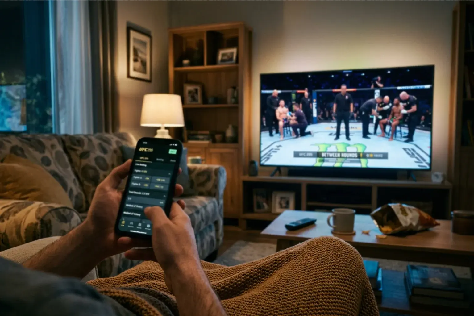UFC corner scene between rounds with live betting odds updating on a mobile phone screen in the foreground